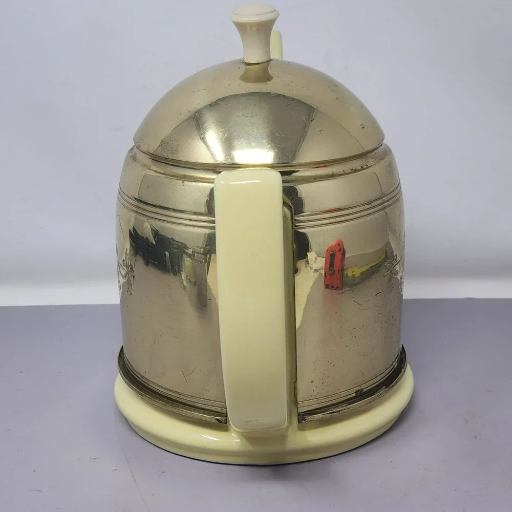 Vintage Hall China Metallic Gold & Cream Tea‎ Kettle W/ Ornate Embossed Design